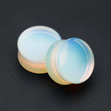 Detail View 1 of A Pair of Opalite Stone Double Flared Ear Gauge Plug-Clear Gem/White